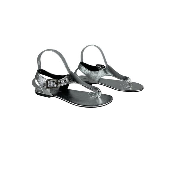Saint Laurent Ankle Strap Silver Leather Flat Sandals - Picture 2 of 11